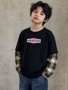 Dazy Kids Tween Boy Letter Print Patchwork Plaid 2 In 1 Casual T-Shirt - Black - View 3