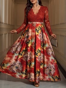 Reflora 大尺碼女款對比蕾絲V領長袖優雅休閒禮服 秋季婚禮賓客正式早午餐深綠色 - 彩色 - 查看 8