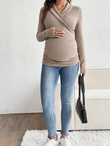 SHEIN V領抓皺長袖哺乳上衣，休閒日常穿著，適合秋季 - 杏色 - 查看 5