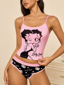 Betty Boop x SHEIN Women's Letter Cartoon Print Camisole Lingerie Set - Pink - View 4