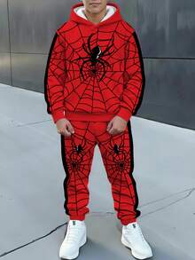 Tween Boy Casual Minimalist Long Sleeve Hooded Comfortable Sweatshirt 2 Pieces Set, Suitable For Autumn/Winter, Spider Web Spider Contrast Color Thickened Fleece Lined Sweatshirt Set With Cartoon Pattern - Multicolor - View 1