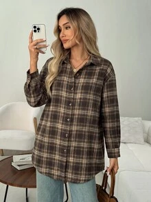 SHEIN LUNE Casual Cotton Retro Vintage 70s 80s Retro Women's Plaid Long Sleeve Shirt, Fall/ Everyday School Brown Blouse - Multicolor - View 7