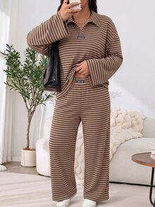 Solflare Autumn And Winter Plus Size Brown Striped T-Shirt Long Sleeve + Striped Loose Pants Home Leisure Two Pieces Set - Mocha Brown - View 7