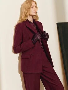 MOTF PREMIUM WOMEN'S STRIPED WOOL BLEND BELTED BLAZER JACKET, AUTUMN/WINTER - Burgundy - View 7