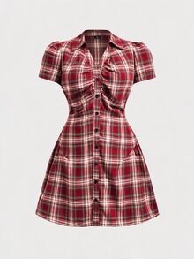 SHEIN MOD 大尺碼復古棕色格紋百褶休閒襯衫洋裝，適合旅行、日常穿著、鄉村風、通勤、大學校園，棕色洋裝，秋冬聖誕 - 紅色 - 查看 9