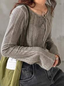 FRIFUL 女款素色前綁帶長袖休閒簡約T恤，日常穿著夏季款 - 杏色 - 查看 5