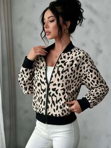 Selianne Women's Leopard Print Long Sleeve Zip-Up Baseball Collar Jacket - Black - View 4