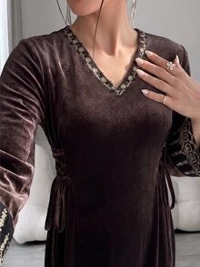 Al Najma Women's V-Neck Colorblock Casual Party Arabian Dress - Brown - View 3