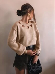 SHEIN LUNE Soft Oatmeal Color Heart Hollow Design Round Neck Versatile Women's Knit Sweater - Khaki - View 3