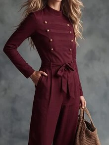 SHEIN Women's Regular Long Sleeve Long Pants Jumpsuit, Stand Collar Design, Napoleon Ribbon Button Design, Back Center Zipper, Waist Design, Hand Pockets, Curved Leg Design, Tapered Leg Design, Novel And Fashionable, Elegant, Sexy, Suitable For Dating, Gathering, Commuting, Party. - Red Violet - View 6