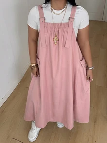 POPSWAY 大尺碼女款休閒柔軟修身通勤正式辦公實用白色馬卡龍色吊帶連身裙 秋季 - 粉色 - 查看 4