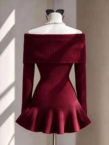 Fine & Folde Autumn/Winter Holiday Party Date Elegant Luxury Knit Cold Shoulder Collar Ruffle Hem Metal Button Solid Color Burgundy Elegant Romantic Women's Sweater - Burgundy - View 2