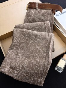EMERY ROSE 大尺碼女款休閒寬腿牛仔褲，佩斯利花紋，四季皆宜 - 卡其色 - 查看 1