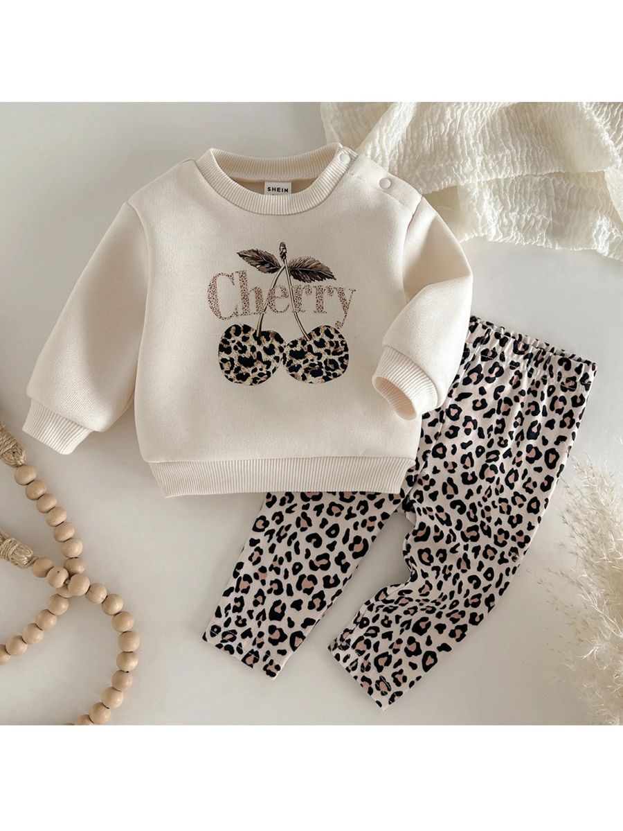 Loomiva Newborn Baby Casual Comfortable Cute Cherry Pattern Sweatshirt & Leopard Print Pants Set - Multicolor - View 1