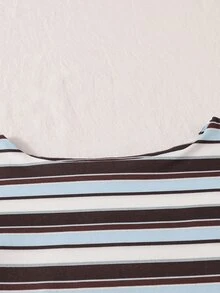 SHEIN American Retro Blue & Brown Striped Boat Neck Snug Fit Elastic Flared Sleeve Cropped Knit Base Layer Top - Multicolor - View 4