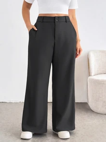 Shapeblank Plus Size Women's Solid Color High Waist Pocket Wide Leg Loose Long Pants Fall - Dark Grey - View 4