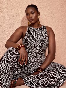 JIAN LASALA Jumpsuit nữ size lớn ống rộng không tay vải lưới in toàn thân phong cách Boho thanh lịch cho mùa hè, đi biển và du lịch - Nhiều màu - Xem 6