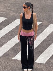 Attitoon 女款休閒拼接撞色百搭日常長褲，粉黑撞色單側印花，街頭時髦高端極簡酷感機車風工裝褲，時尚Y2K學院風返校校園穿搭社團服飾，青年休閒風 - 彩色 - 查看 5