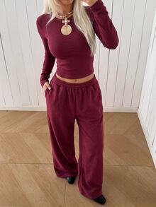 SHEIN EZwear 米色針織女款圓領長袖T恤與長褲套裝，居家旅行秋季休閒 - 酒紅色 - 查看 6
