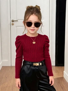 Emery Rose Kids Emery Rose Kids 女童白色夏季開學修身復古袖假領T恤，運動風休閒校園日常上衣，秋冬萬聖節Y2K風格上衣 - 酒紅色 - 查看 4