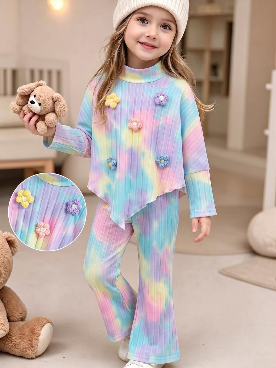 Setelan 2 Potong Atasan Rajut Leher Tinggi Motif Bunga 3D Tie Dye untuk Anak Perempuan, Warna Pastel, Kasual, dan Imut untuk Musim Gugur dan Musim Dingin - MultiWarna - View 1