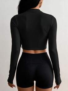 Dewbera Dewbera Women's Solid Color Half-Zip Thermal Lined Long Sleeve Sports T-Shirt - Black - View 2