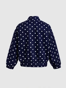 SHEIN 女童休閒日常棕色與白色波點翻領秋冬夾克 - 藍色 - 查看 2
