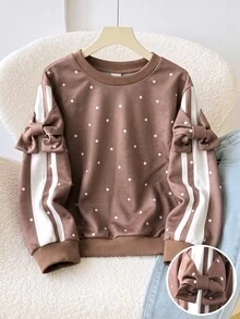 SHEIN 少女休閒簡約甜美可愛蝴蝶結裝飾波點印花長袖衛衣，時尚秋冬上衣 - 摩卡棕 - 查看 7