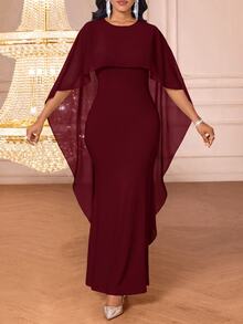 SHEIN Lady 女款純色極簡日常披肩袖洋裝，婚禮禮服套裝，優雅正式晚餐洋裝，白色秋季女裙 - 酒紅色 - 查看 5