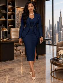 SHEIN Lady Women's Split Hem Dress With Button Long Sleeve Blazer Suit Set - Navy Blue - View 4