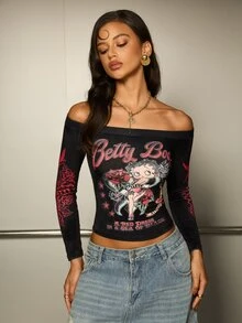 Betty Boop x SHEIN تي شيرت نسائي بطبعة حروف وأكمام طويلة مكشوفة الكتف بيتي بوب - الأسود - مشاهدة 6