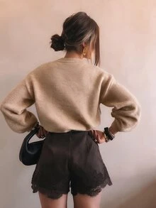 SHEIN LUNE Soft Oatmeal Color Heart Hollow Design Round Neck Versatile Women's Knit Sweater - Khaki - View 2