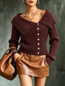 SHEIN كارديجان نسائي محبوك بأكمام طويلة وياقة غير متماثلة مع طية صدر وأزرار بلون بني محمر سادة لفصل الخريف/الشتاء - بني مصدي - مشاهدة 1
