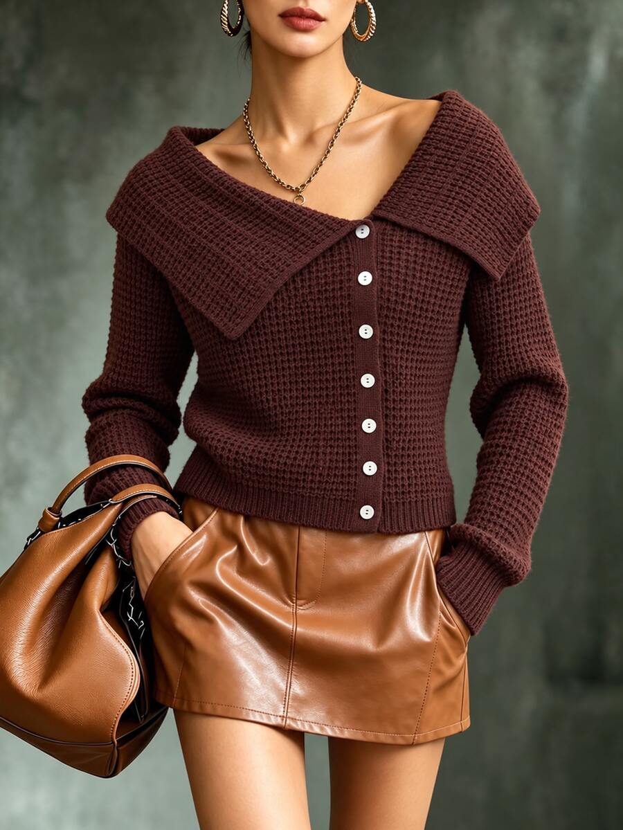 SHEIN كارديجان نسائي محبوك بأكمام طويلة وياقة غير متماثلة مع طية صدر وأزرار بلون بني محمر سادة لفصل الخريف/الشتاء - بني مصدي - مشاهدة 1