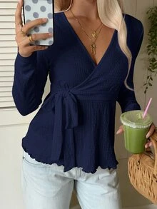 CovetEZ 女款純色V領打結腰部休閒優雅百搭日常穿著T恤 米色 秋冬早午餐約會晚餐約會 - 藏蓝色 - 查看 4