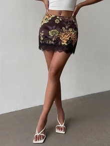 Aloruh 女款蕾絲拼接花卉圖案休閒日常迷你裙 - 彩色 - 查看 6