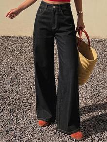 Livesso Petite High Waist Wide Leg Jeans Fall - Black - View 7