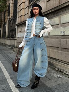 StreetHx Fashion Street Style Rivet Button Denim Jacket - Light Wash - View 7