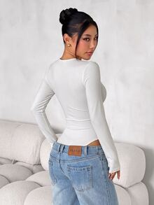SHEIN PETITE 女款純色修身百搭日常穿著長袖連身衣，黑色，秋季極簡簡約百搭，小碼 - 白色 - 查看 2
