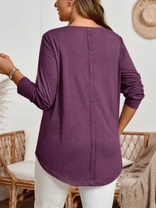 EMERY ROSE Plus Size Fall Women Solid Round Neck Long Sleeve Casual T-Shirt,Spring/Summer/Vacation - Purple - View 6