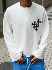 Major Grit Men's Waffle Knit Open Front Button Cross Print Textured Long Sleeve - White - View 1