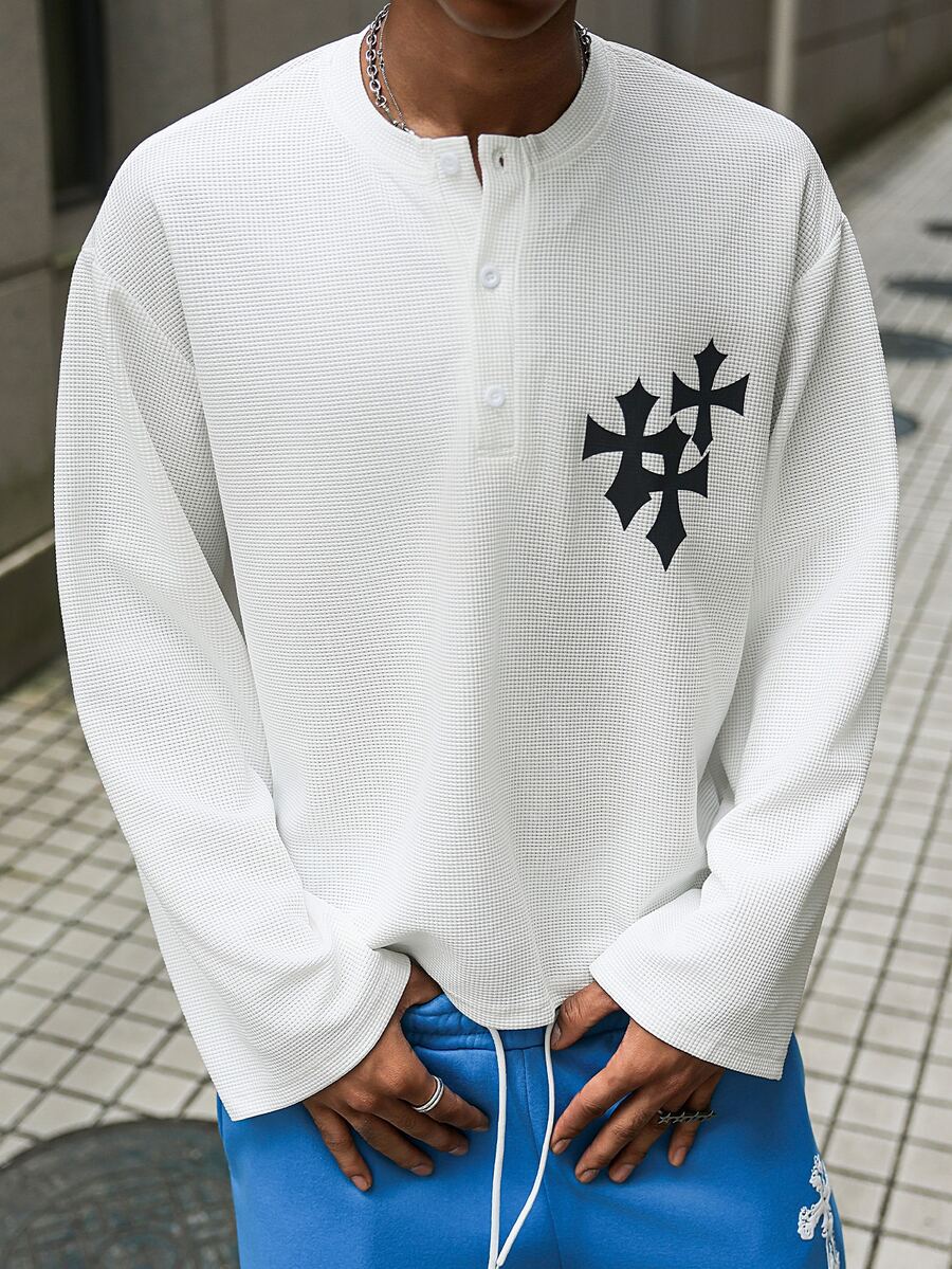 Major Grit Men's Waffle Knit Open Front Button Cross Print Textured Long Sleeve - White - View 1