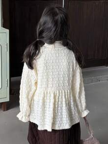 Dazy Kids Young Girl Textured V-Neck Button Design Long Sleeve Shirt - Beige - View 2