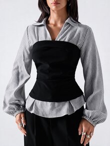 LYSMO Colorblock Patchwork Plaid Cinched Waist Shirt - Black - View 8