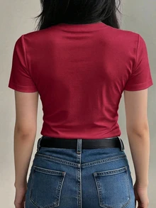 DAZY 女款純色圓領修身短袖內搭T恤 - 紅色 - 查看 2