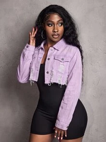 Slaydiva Women's Cropped Button-Up Distressed Long Sleeve Denim Jacket - Purple - View 5