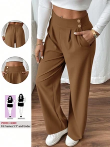 SHEIN PETITE CURVE 大尺碼女款雙扣直筒優雅通勤長褲 休閒高腰百褶寬腿棕色秋季女褲 - 咖啡棕 - 查看 1