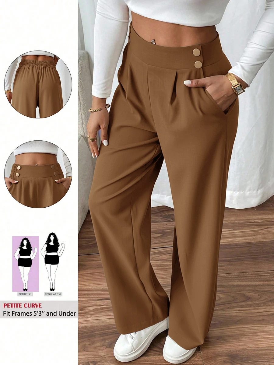 SHEIN PETITE CURVE 大尺碼女款雙扣直筒優雅通勤長褲 休閒高腰百褶寬腿棕色秋季女褲 - 咖啡棕 - 查看 1