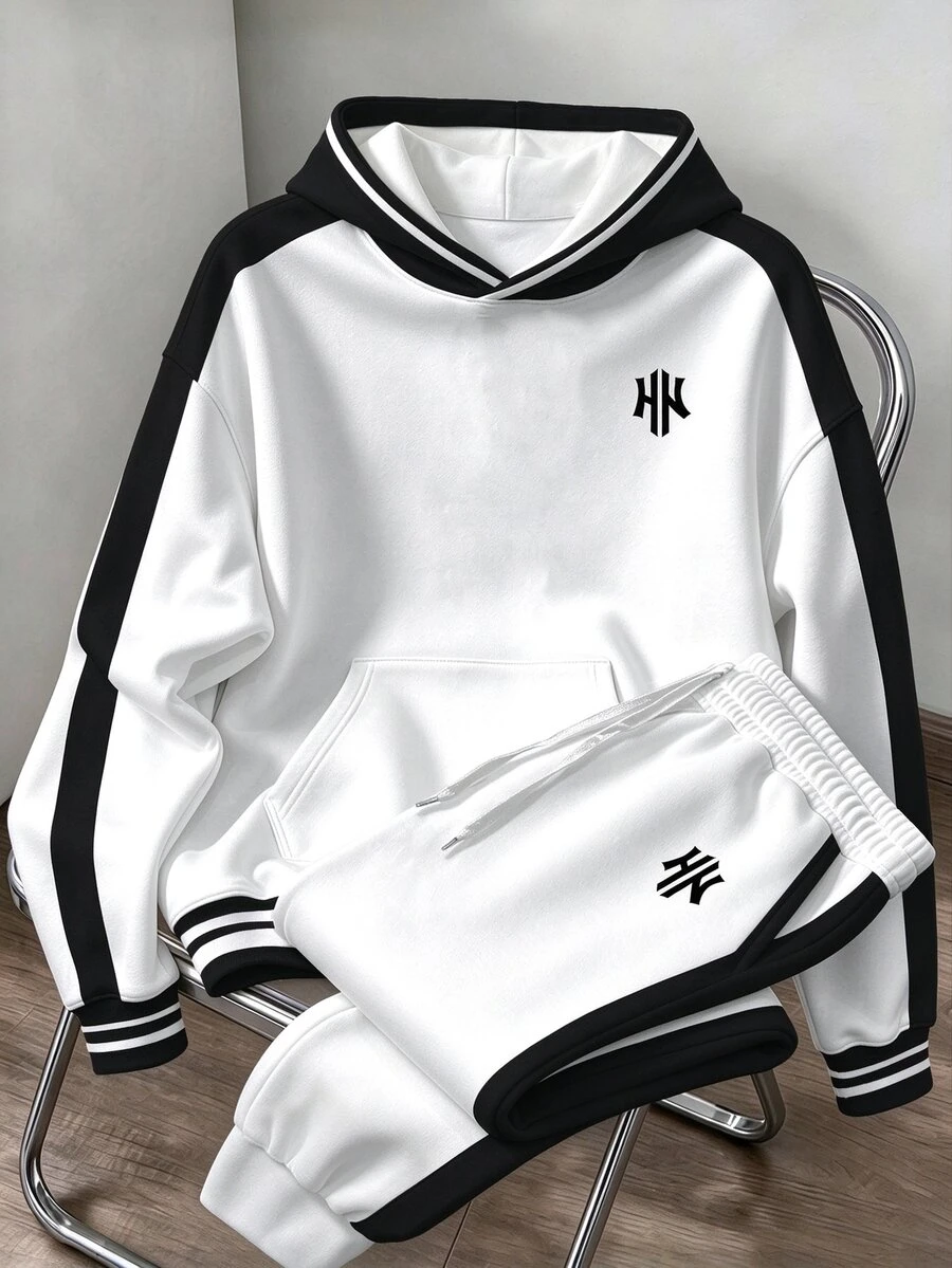 Daypath Men's Classic Casual Minimalist Black & White Colorblock H Logo Hoodie Set, Includes Hoodie And Drawstring Pants. Suitable For Daily Wear And Gatherings - Multicolor - View 1