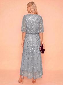 Amorya Women's Elegant Party Sequin Embroidered Mesh Mid-Length Dress - Light Grey - View 2